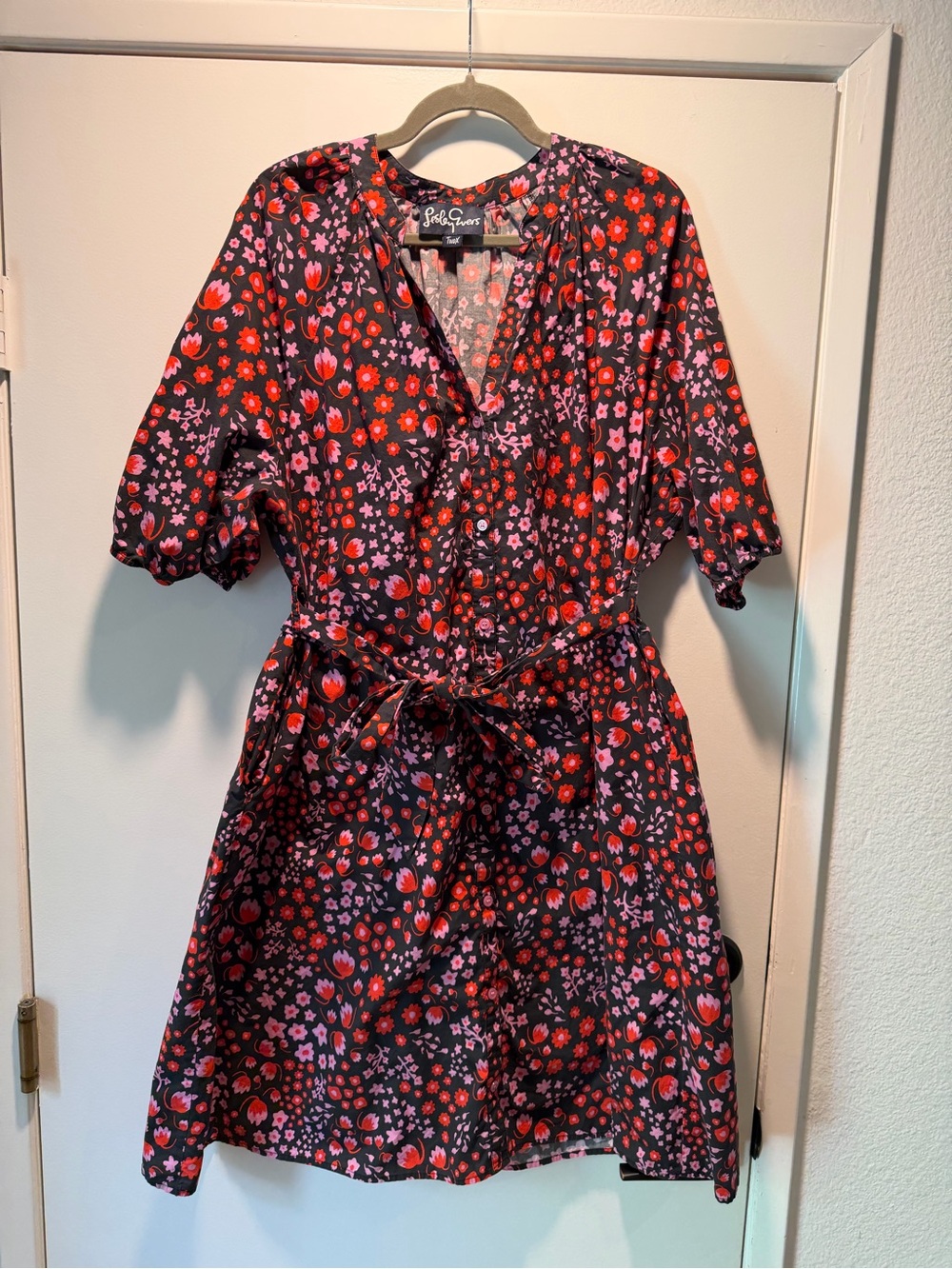 Lesley Evers Black Pink Floral Tie Waist Midi Dress 2X